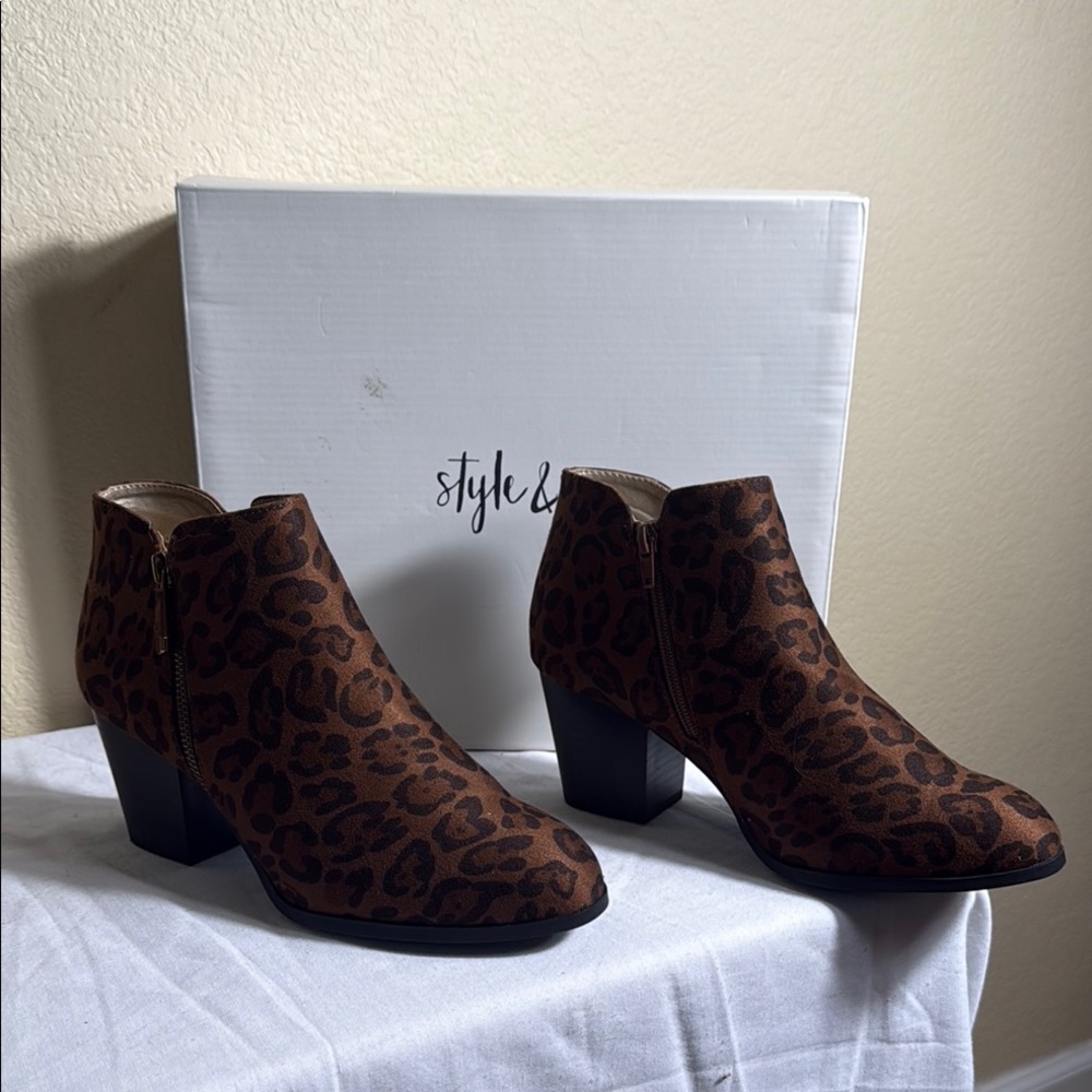 Style & Co. Brown Ankle Boots with leopard design